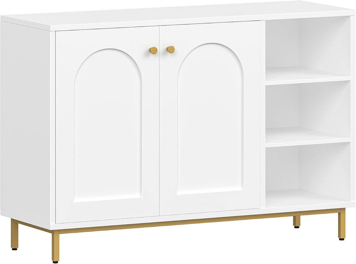 Meuble De Salle De Bain Avec 2 Portes, 3 Compartiments Ouverts | Meuble De Rangement Et Étagères Réglables, Armoire Sur Pied, Pour Salon, Entrée, 35 X 100 X 75 Cm, Blanc-Or SC10203G