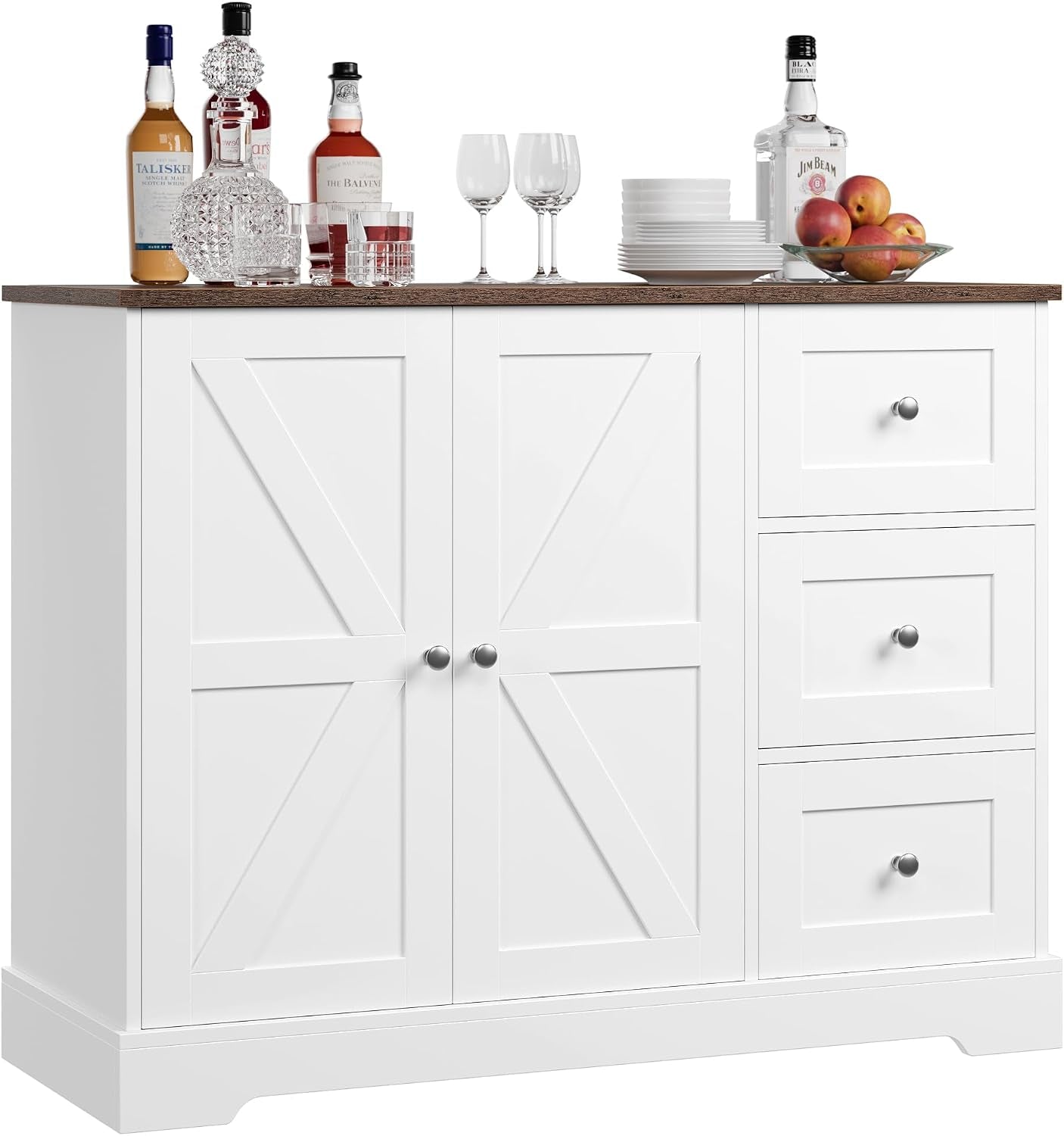 Meuble De Rangement, Buffet Cuisine, Blanc Et Marron | 3 Tiroirs Et 2 Portes, Meuble Cuisine Placard Pour Cuisine, Salle À Manger, Salon