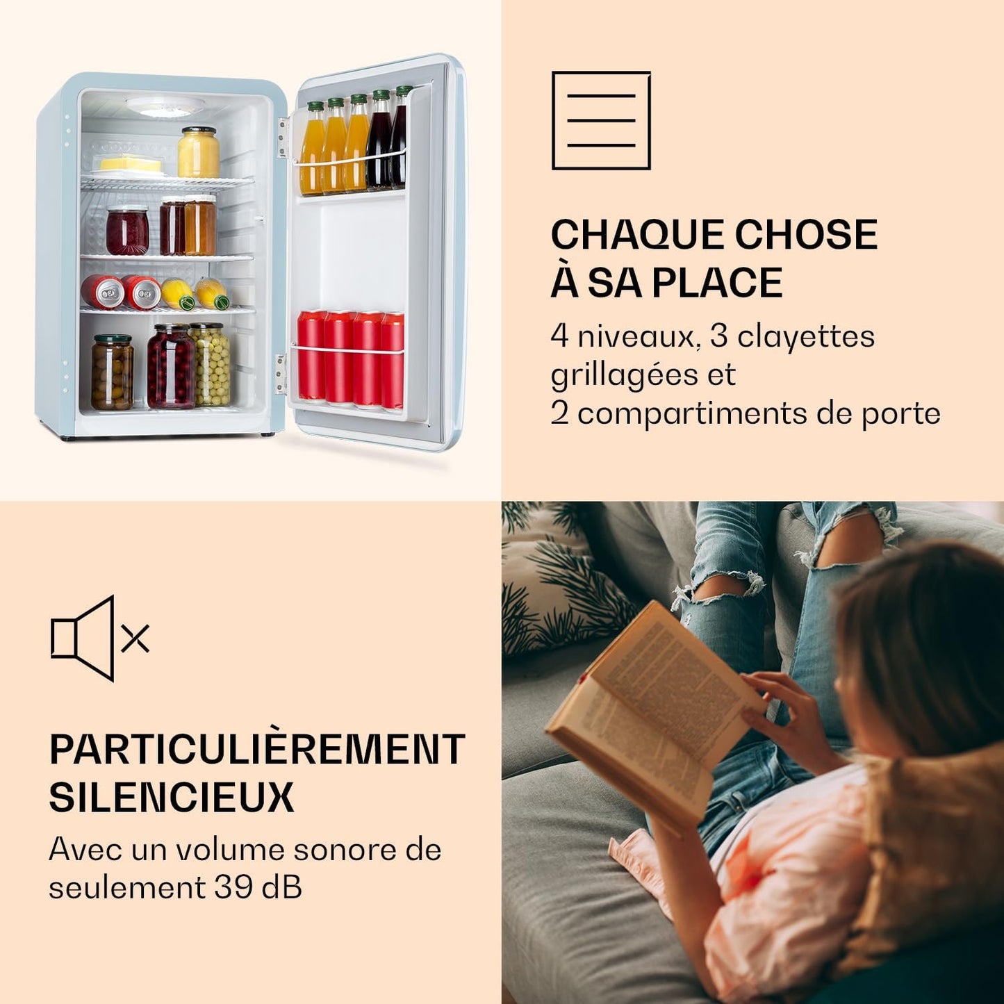 Audrey Mini - Petit Réfrigérateur, Mini-Bar Compact, Pose Libre, Réfrigération Par Compression, Capacité, Réfrigération : 0-10 °C, Mini-Réfrigérateur De 70 Litres, Bleu