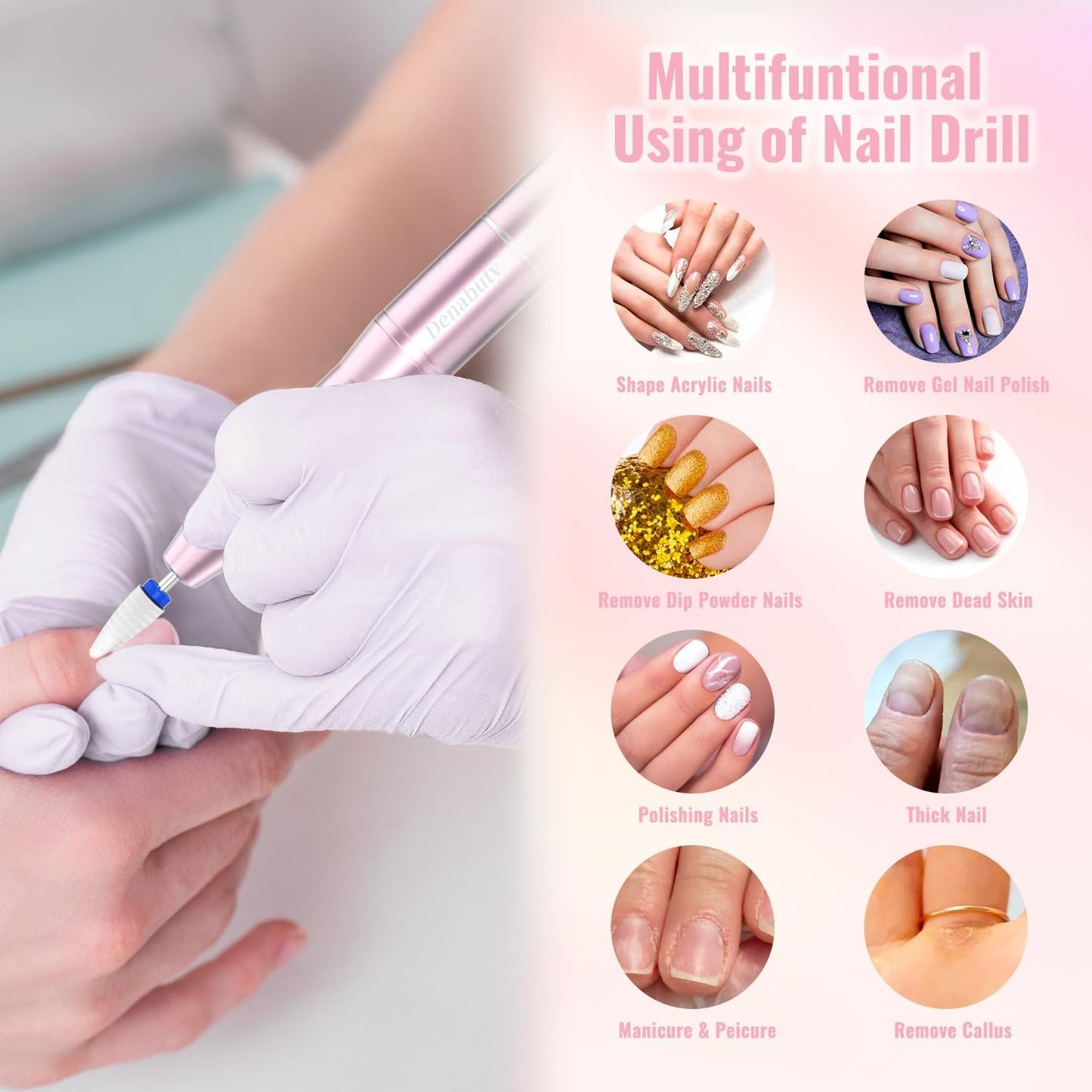 Ponceuse Pour Ongles Sans Fil 35000 Tr/Min Lime a Ongle Electrique | Professionnelle 12 En 1 Ponceuse À Ongles Avec Écran LCD, Portable Kit De Manucure Et Pédicure 5 Vitesse Réglable Rose
