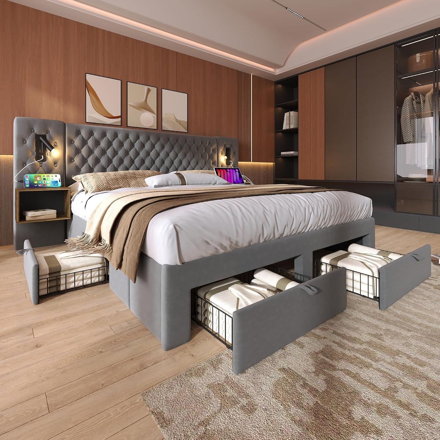 Lit 180X200 Avec Sommier LED Et USB Et 2 Tables De Chevet, Lit Coffre 180X200 Avec 4 Tiroirs Et Tete, Lit Double Avec À Lattes 2 Personnes, Lit Rembourré Cadre De Velours (Sans Matelas)