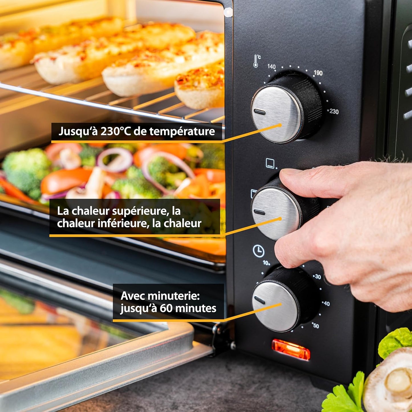 TZS First Austria Mini Four 35L, Four À Convection 1600W, Digital, Minuterie, Porte Double Vitrage, Chaleur Voûte Et Sole, Jusqu'À 230 Degrés Réglage, Grille Et Plaque De Four, Four À Pizza, Noir