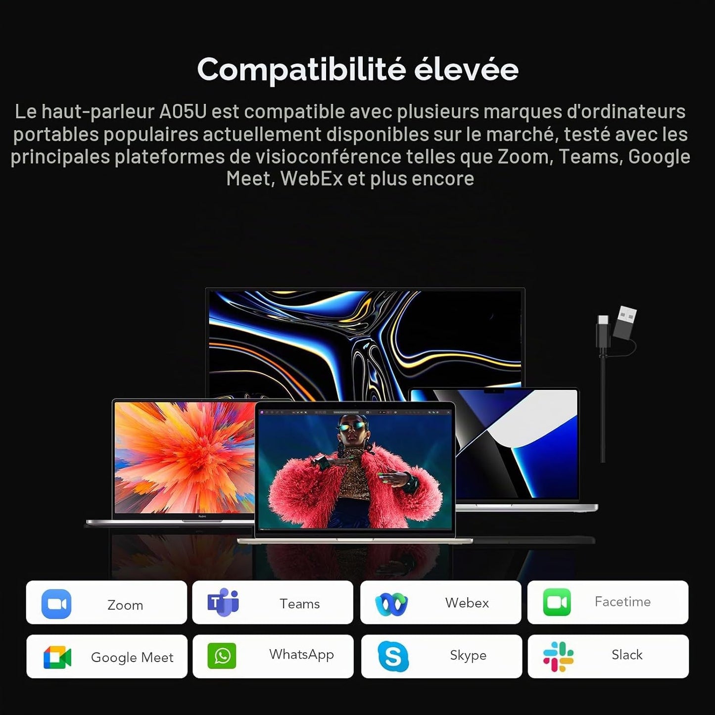 A05U Haut-Parleur Et Microphone USB De Conférence, Prise De Voix 360°Anti-Bruit,Plug&Play, Enceinte Portable Pour Bureau À Domicile/Oordinateur Portable/Réunion,Compatible Avec Zoom/Teams/Skype