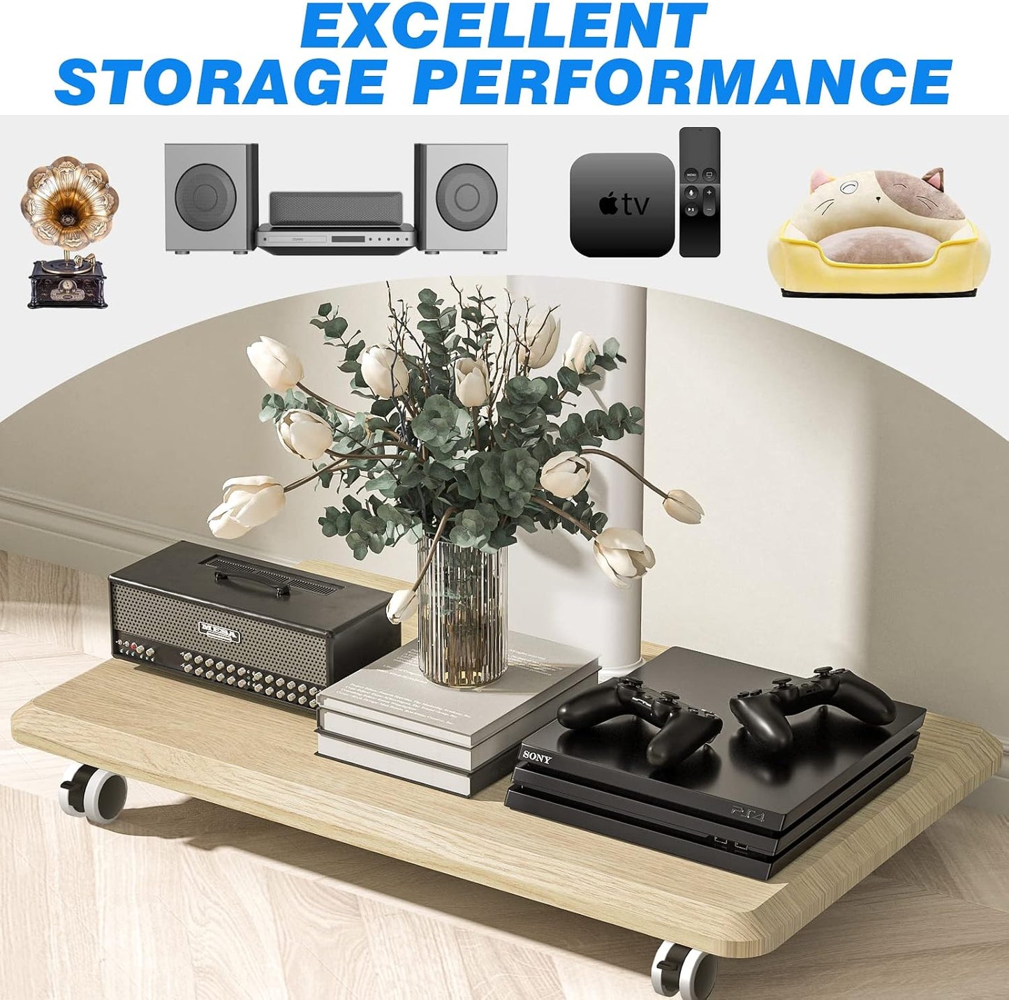 Blanc Support TV Roulettes Support TV Sur Pied Avec Socle En Bois Pour Télé De 26 À 65 Pouces, Réglable En Hauteur Pied TV Avec 3 Étagères Jusqu 'À 35 Kg, Max. VESA 400X400Mm