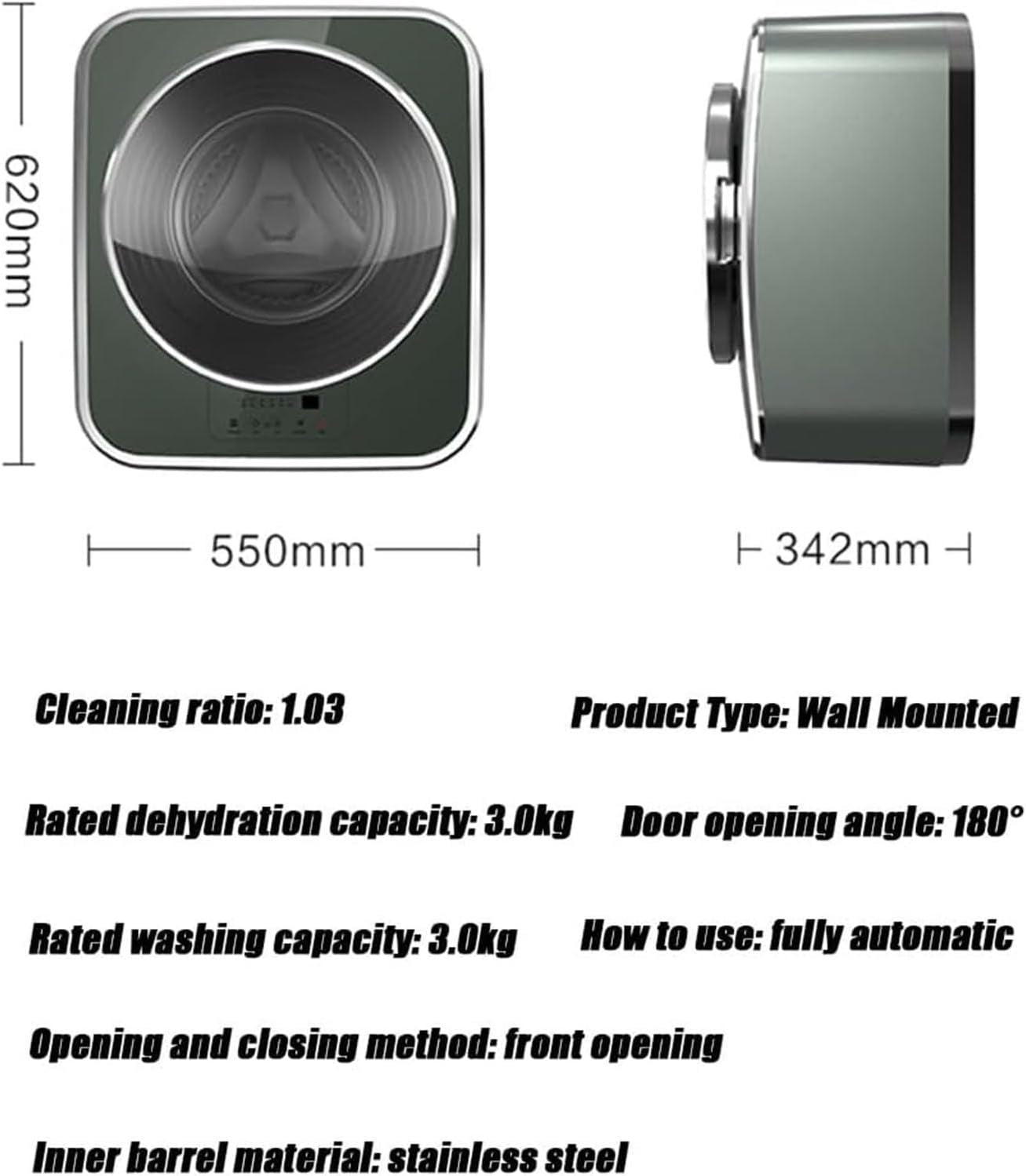 GEJLELDS Mini Machine À Laver, Machine À Laver Murale Automatique Et Sèche-Linge, Petit Lave-Linge Domestique Compact Portable De 3 Kg, Lavage Autoportant Facile À Utiliser Peu Encombrant,A