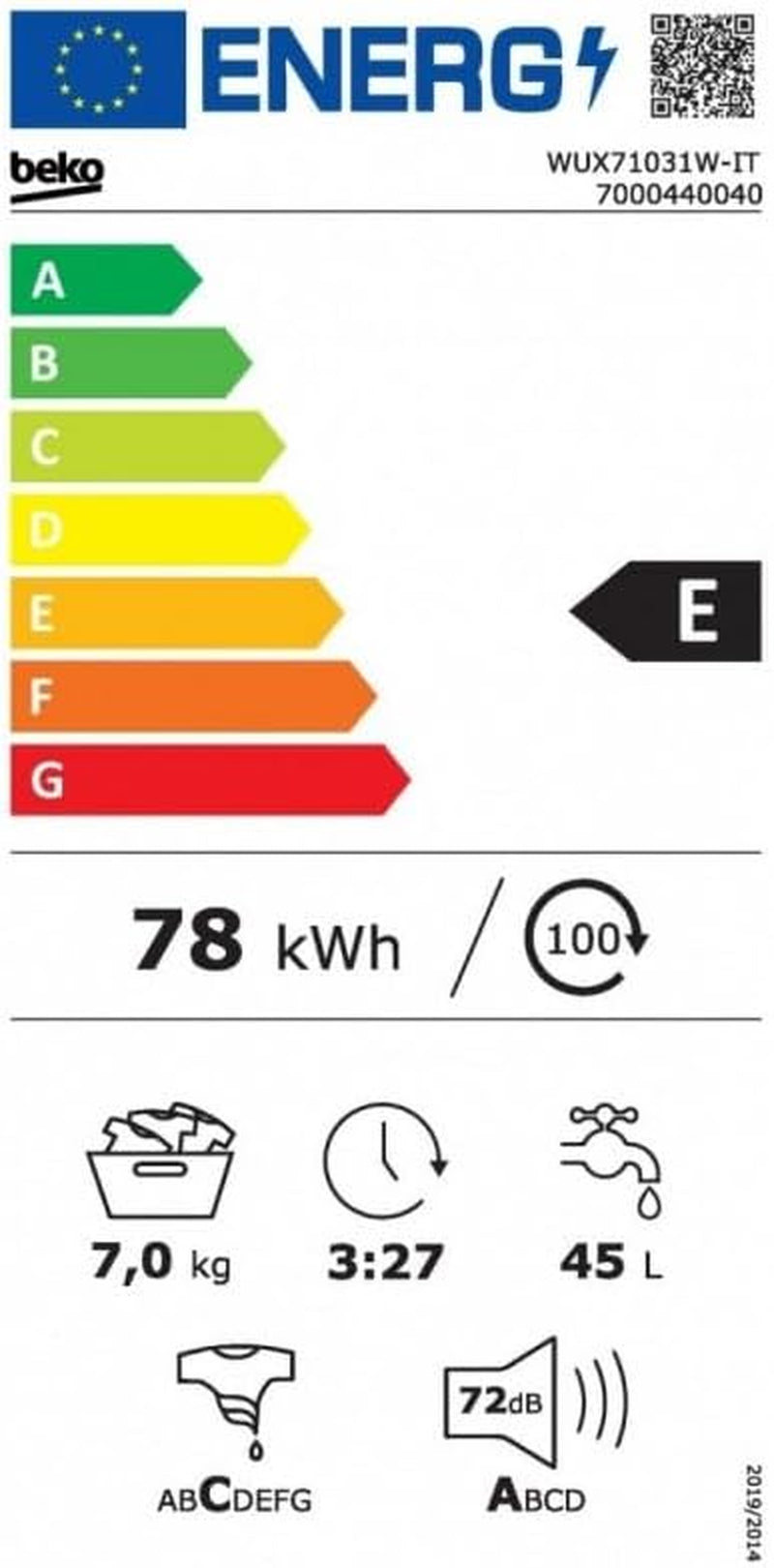 Beko WUX71031W-IT Lavatrice Libera Installazione Caricamento Frontale Bianco 7 K