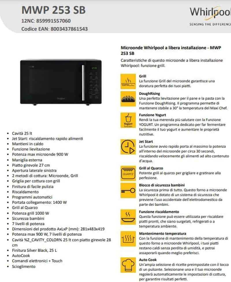 Whirlpool; Comptoir Micro-Ondes MWP253SB
