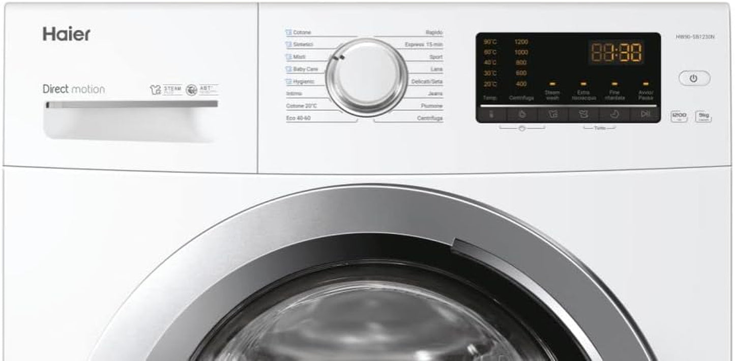 HW90-SB1230N Machine À Laver 9 Kg, Charge Avant, Option Vapeur, 1200 Tours Silencieux, Traitement ABT, Autonome Rangement, Classe Énergétique A, Blanche