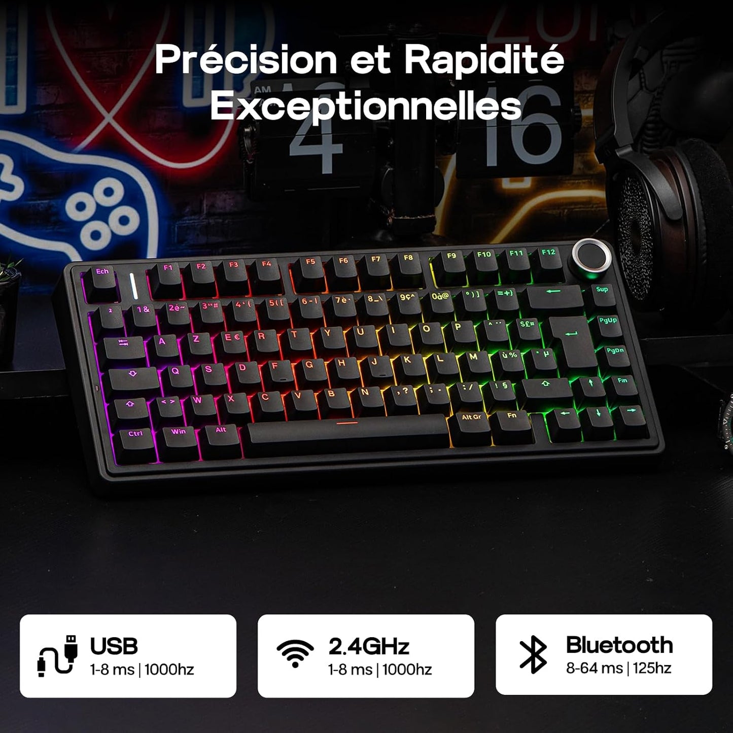 Aula F75 ISO-FR Clavier Mécanique Sans Fil AZERTY 75% | Clavier Gaming Français Avec Bouton Rotatif, RVB, Hot-Swap, Montage Gasket, Son Crémeux, Bt/2.4Ghz/Filaire