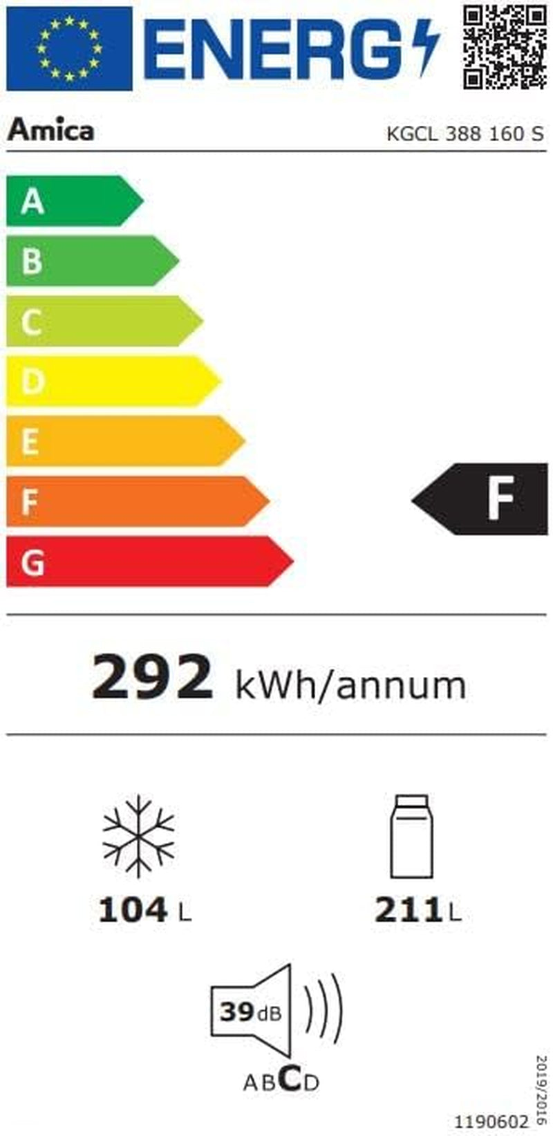 Amica KGCL 388 160 S Réfrigérateur/Congélateur/Noir/185,5 Cm (H) X 59,5 Cm (L) X 59,5 Cm (P) / Commande Électronique/Tiroir Vitcontrol/Capacité Utile 315 L/Contrôle Du Gel
