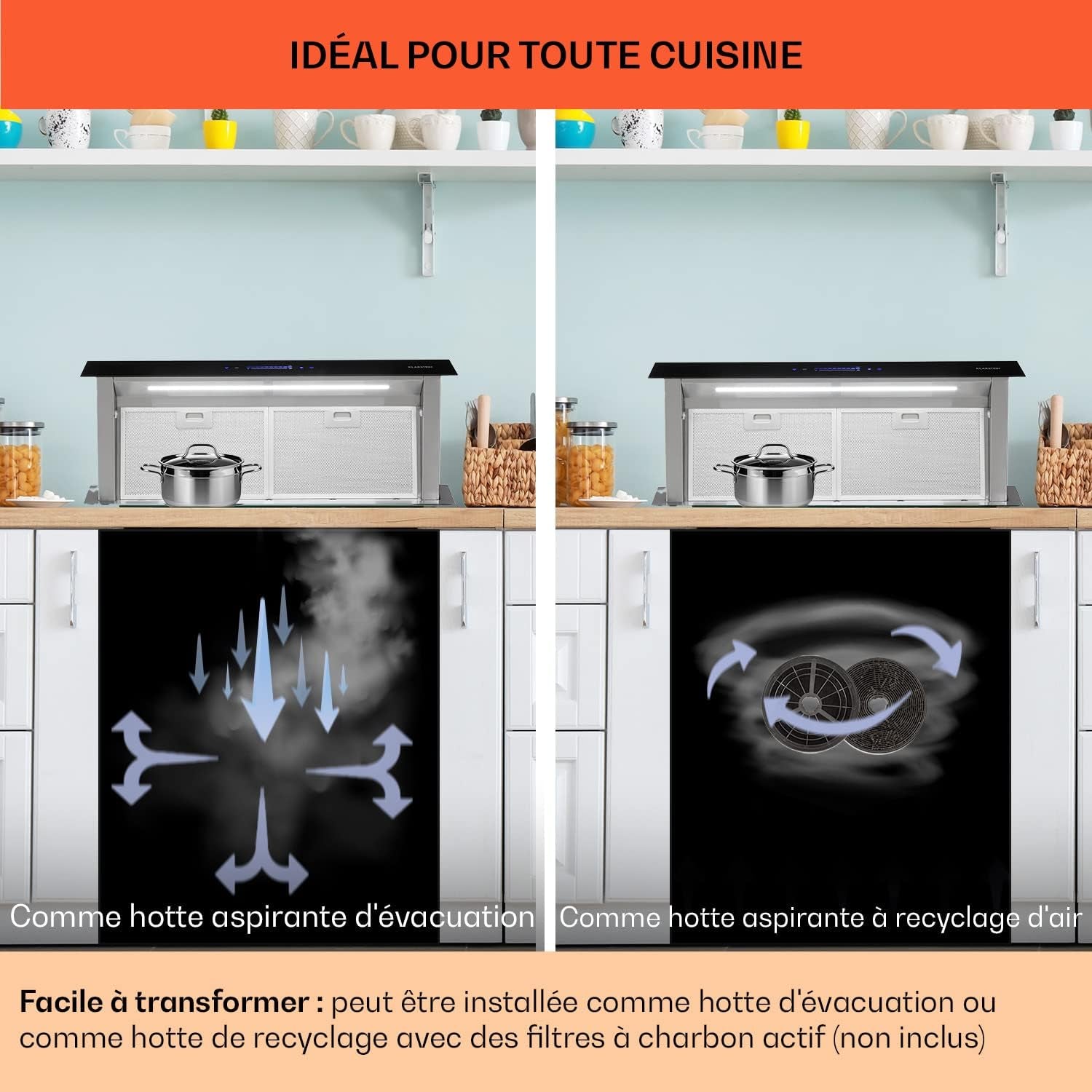 Klarstein Downdraft Hotte Aspirante 90Cm, Encastrable Et Silencieuse Pour Cuisine, Débit D'Air 604M³/H, Filtres Inclus, 10 Modes De Ventilation, Mode Recirculation En Option, Efficacité Énergétique A+