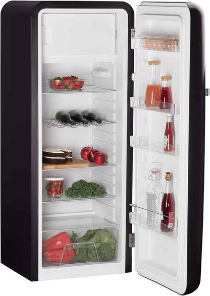 / RETRO FRIDGE 150 Silver/Réfrigérateur Noir Avec Poignée Argent Et Congélateur 281L / 102W, Faible Consommation, 150 Cm, 3 Étagères, Régulateur De Température, 60X60X150 Cm