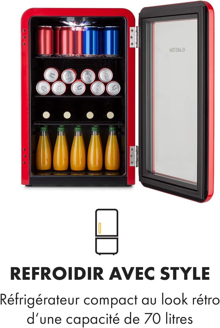 Poplife Refroidisseur De Boissons - Mini-Bar, Réfrigérateur Rétro, 0-10°C, Seulement 39 Db, 70 L, Écologique, Porte À Double Vitrage, Design Rétro, Rouge