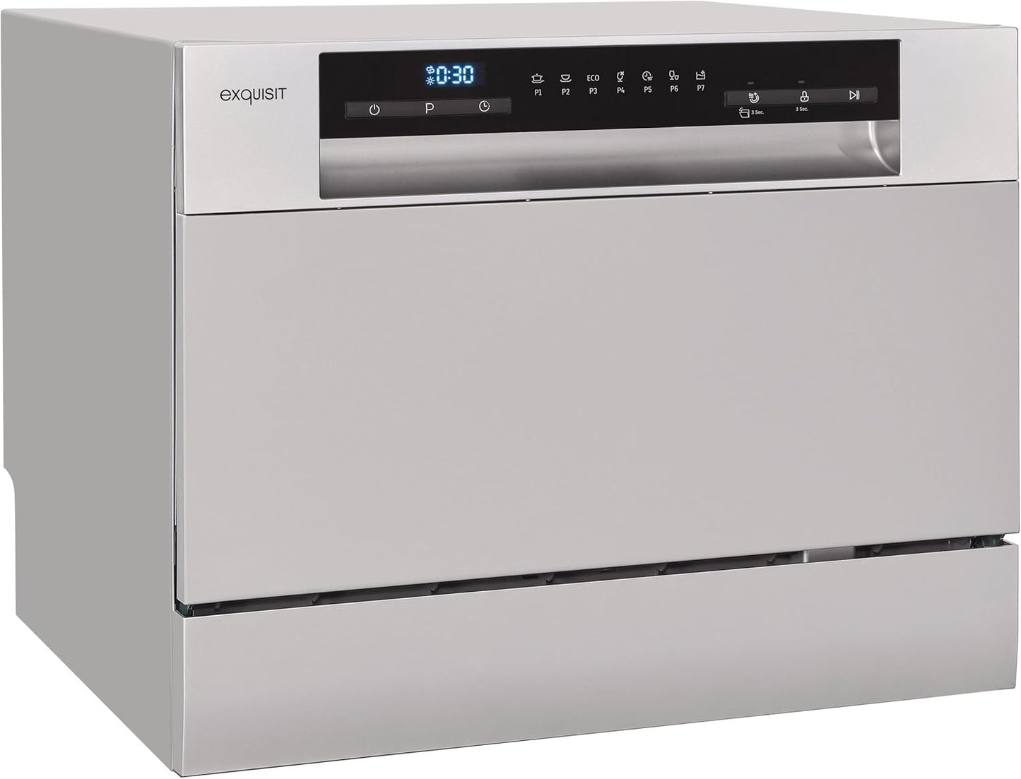 Exquisit GSP206-030D Tischgeschirrspüler, 55 Cm Breit, 6 Maßgedecke, 7 Programme, Startzeitvorwahl, Besteckkorb, Silber