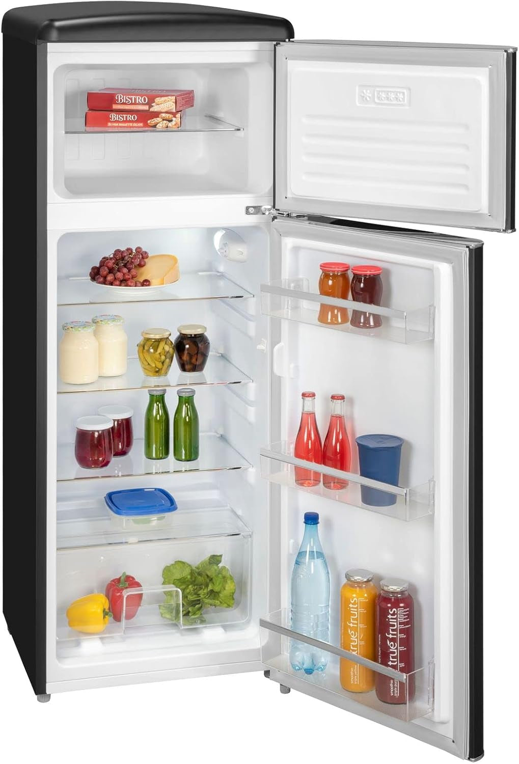 Exquisit Réfrigérateur Rétro RKGC270-45-H-160E - Noir Mat - Volume : 206 L - Réfrigérateur Rétro Avec Congélateur - Avec Étagères De Porte Et Étagères En Verre - Lumière LED