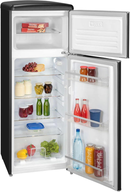 Exquisit Réfrigérateur Rétro RKGC270-45-H-160E - Noir Mat - Volume : 206 L - Réfrigérateur Rétro Avec Congélateur - Avec Étagères De Porte Et Étagères En Verre - Lumière LED