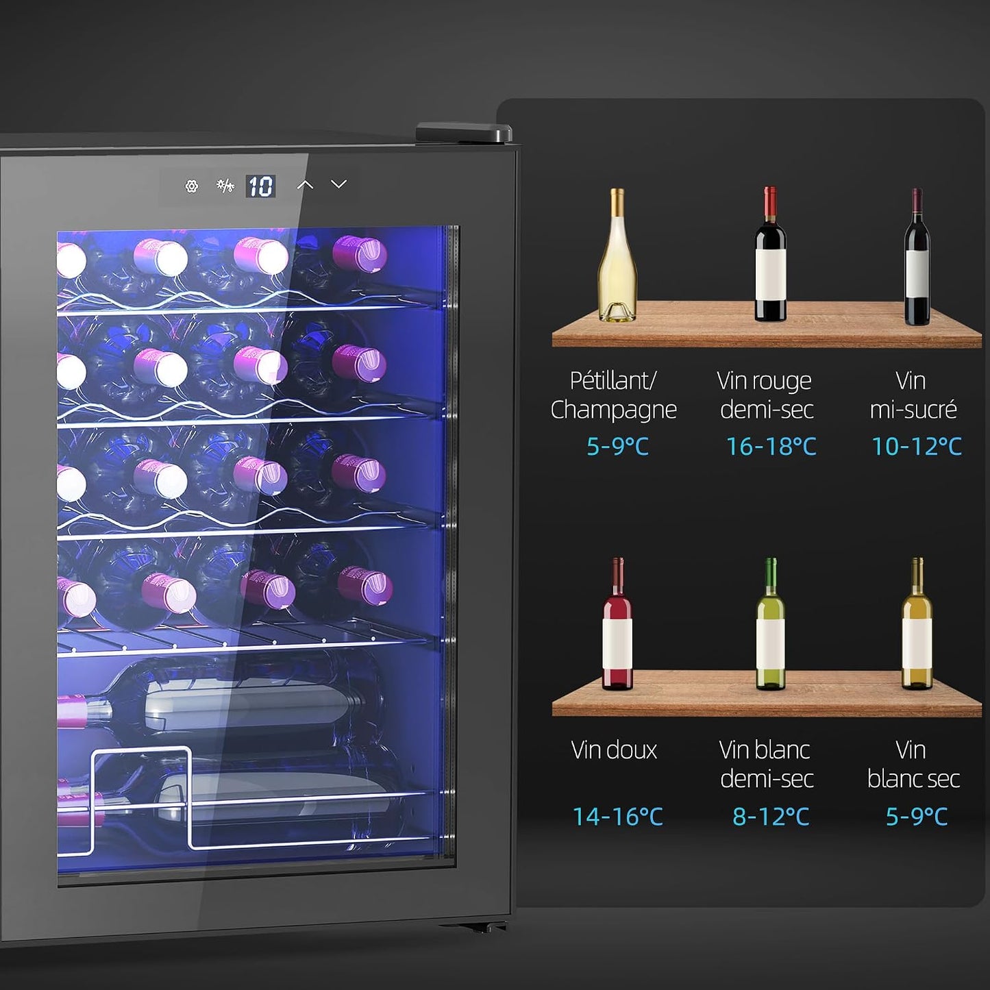 Cave À Vin 20 Bouteilles 53L Réfrigérateur À Vin Silencieux Noir | Porte En Verre, Éclairage LED, Écran Tactile Numérique, Mini Frigo, Contrôle De La Température 5-18°C, Protection UV