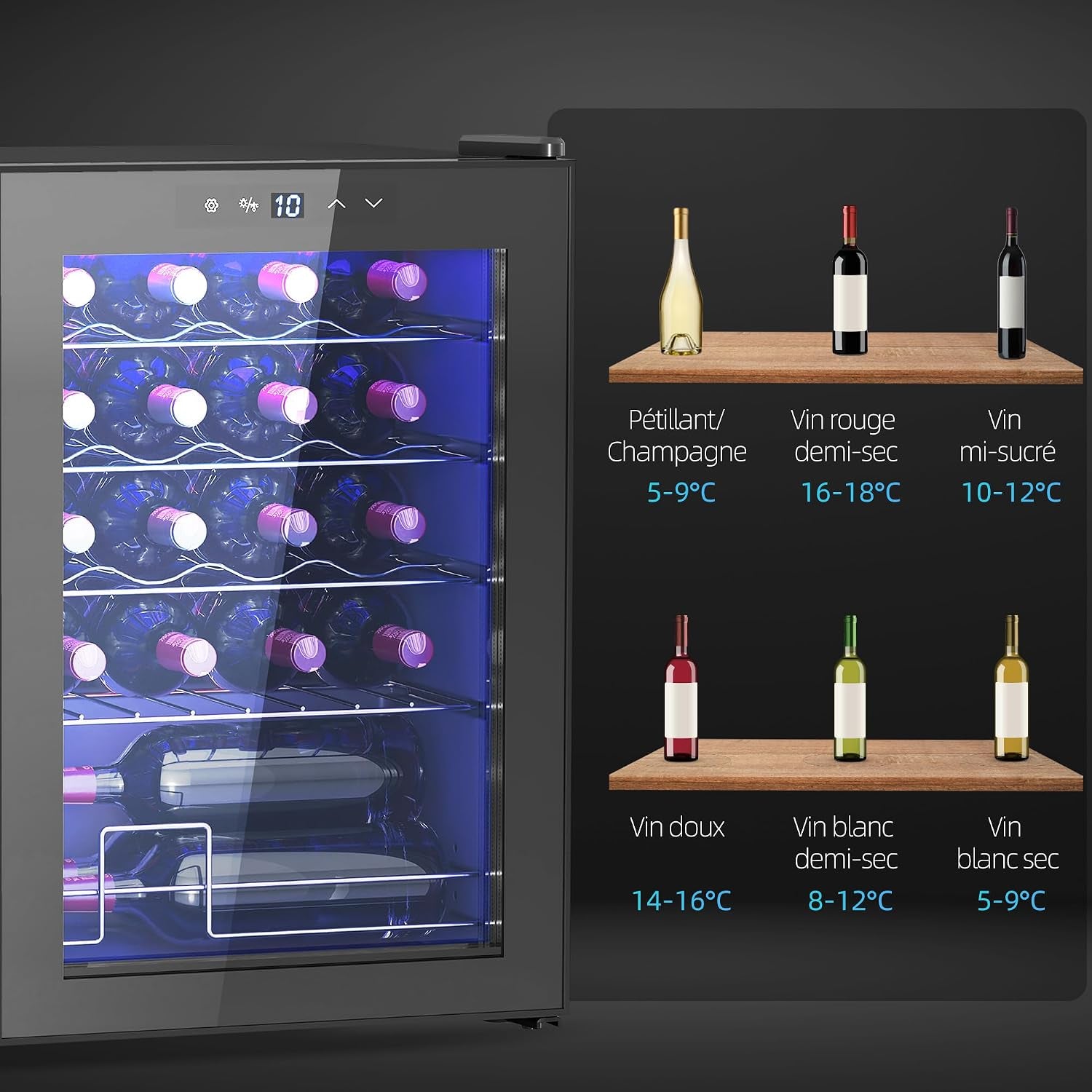Cave À Vin 20 Bouteilles 53L Réfrigérateur À Vin Silencieux Noir | Porte En Verre, Éclairage LED, Écran Tactile Numérique, Mini Frigo, Contrôle De La Température 5-18°C, Protection UV