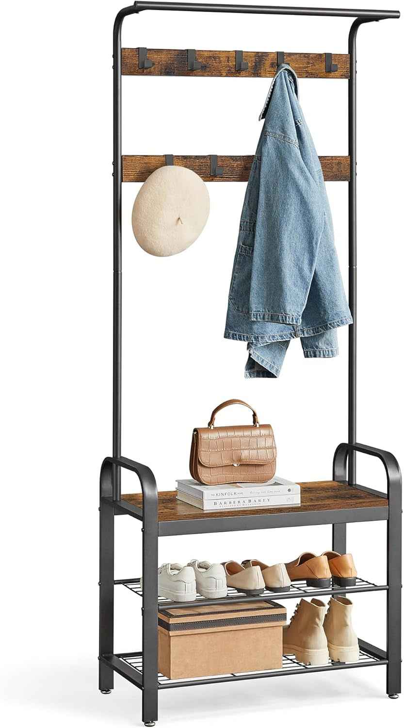 Porte-Manteau Avec Étagère À Chaussures, 4-En-1, Vestiaire | Meuble D'Entrée Avec Banc, Marron Rustique Et Noir, Amovibles, Vestiaire, Style Industriel, Dacey Collection HSR40B