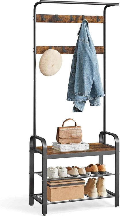 Porte-Manteau Avec Étagère À Chaussures, 4-En-1, Vestiaire | Meuble D'Entrée Avec Banc, Marron Rustique Et Noir, Amovibles, Vestiaire, Style Industriel, Dacey Collection HSR40B