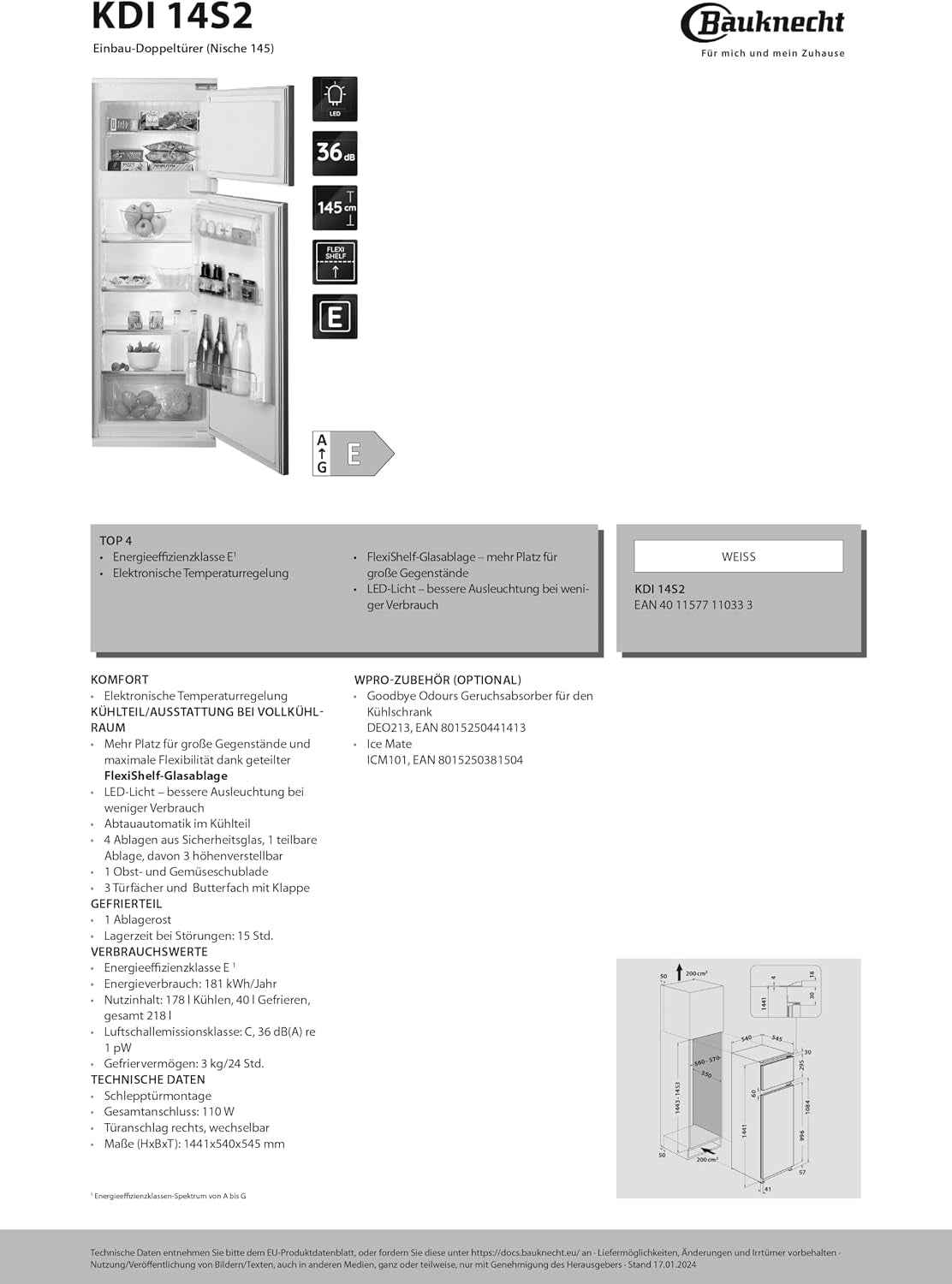 KDI 14S2 Réfrigérateur/Congélateur Encastrable/Classe D'Efficacité Énergétique : E/Niche 145 / Réglage Électronique De La Température/Éclairage Led/Dégivrage Automatique Dans La