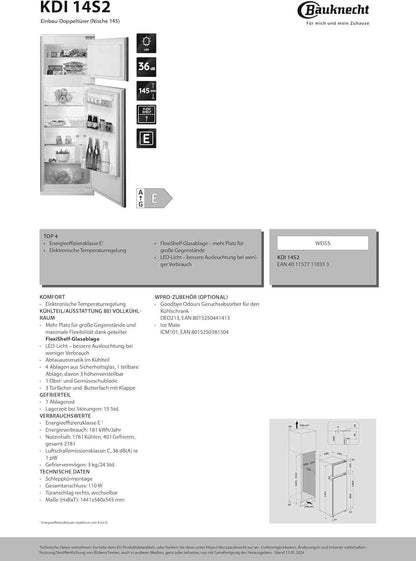 KDI 14S2 Réfrigérateur/Congélateur Encastrable/Classe D'Efficacité Énergétique : E/Niche 145 / Réglage Électronique De La Température/Éclairage Led/Dégivrage Automatique Dans La