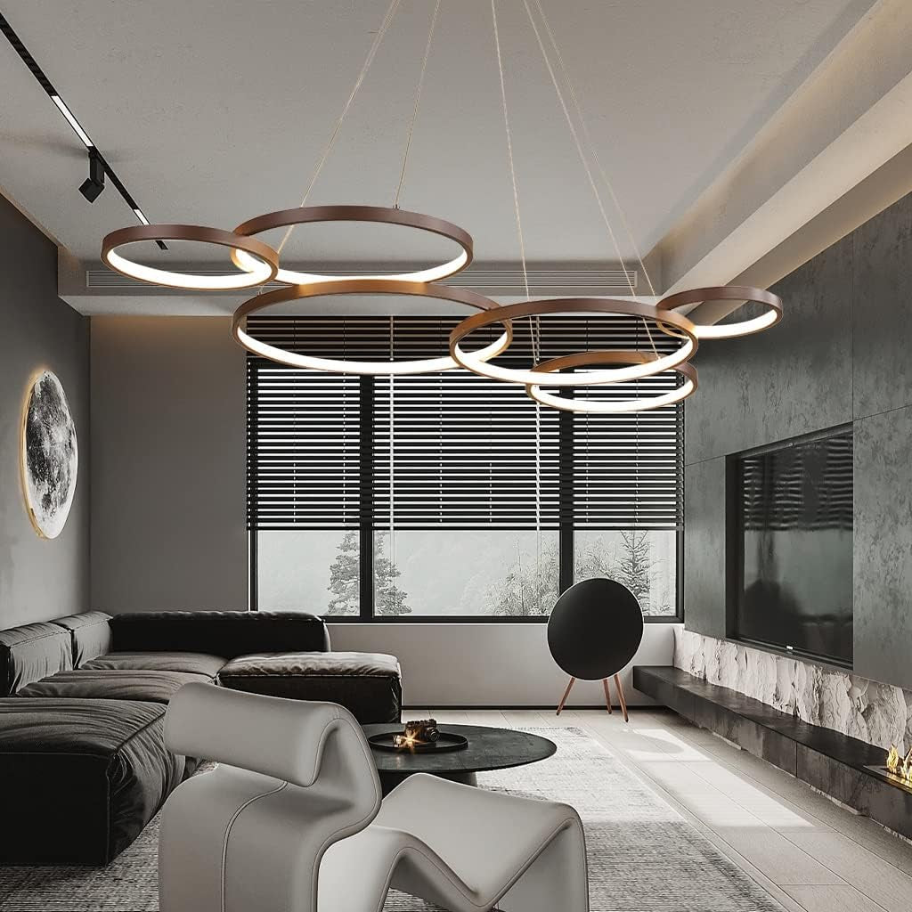 Luminaire Suspendu LED Grand Lustre De Table D'Intérieur Hauteur Réglable Suspension Lampe De Salon Dimmable Avec Télécommande Lampes À Anneaux Modernes En Aluminium Plafonnier De Café Restaurant