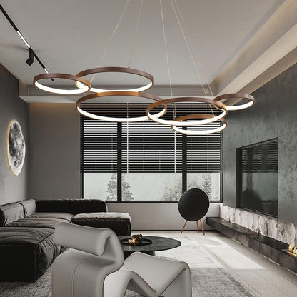 Luminaire Suspendu LED Grand Lustre De Table D'Intérieur Hauteur Réglable Suspension Lampe De Salon Dimmable Avec Télécommande Lampes À Anneaux Modernes En Aluminium Plafonnier De Café Restaurant