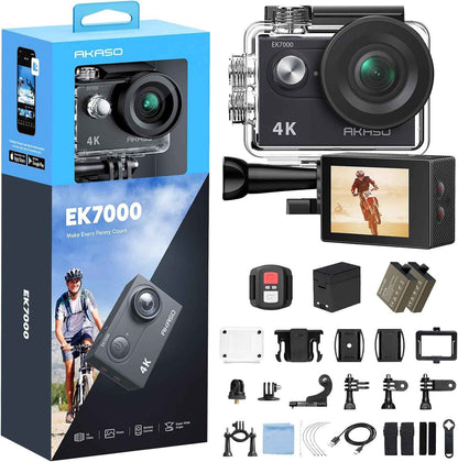 EK7000 Caméra Sport 4K 30FPS 20MP Wif Camera 4K Étanche Stabilisation | Boîtier 40M, Grand Angle 170°, Télécommande 2.4G, Kit Montage, Qualité D'Image Ultra HD Pour Les Passionnés D'Aventure, Noir