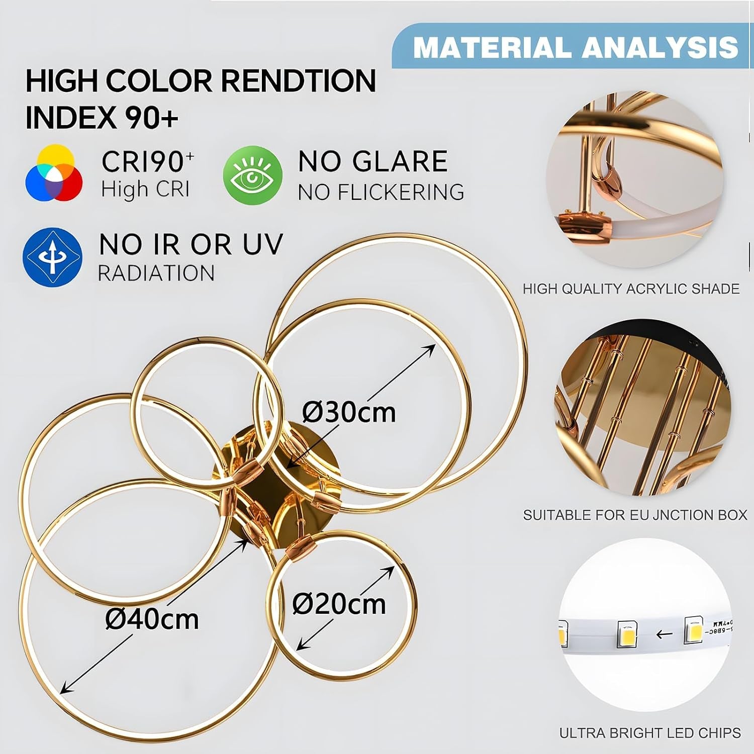Plafonnier LED, Ø105Cm Lustre Cercle En Métal Doré, 145W Dimmable En Continu 3000-6000K, Pendentif Galvanoplastie Rond Moderne, Chambre Salon Enfants Bureau Étude Cuisine Couloir (6 Anneaux)