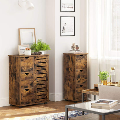 Meuble De Salle De Bain, Buffet, Armoire, Placard De Rangement Avec 3 Tiroirs, 2 Étagères Intérieures Réglables En Hauteur, Pour Salon, Cuisine, Couloir, Marron Rustique BBK143X01