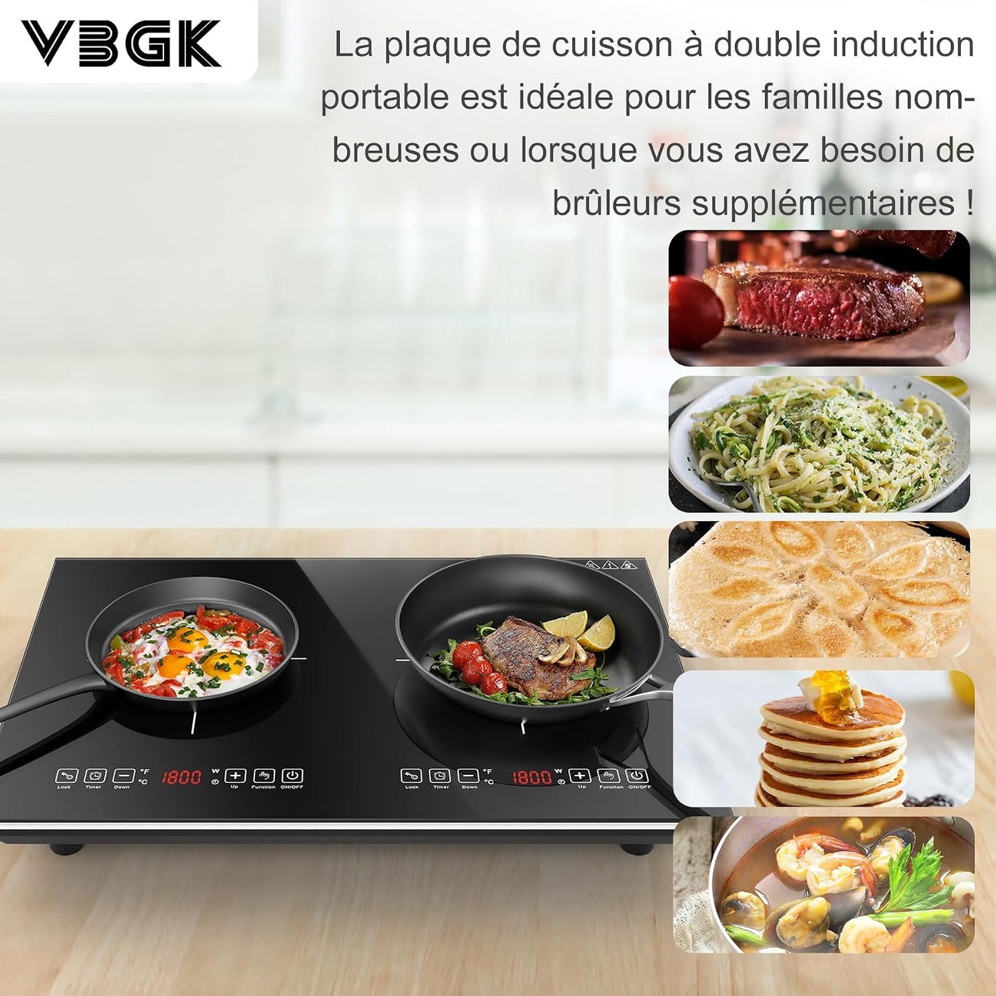 Plaque Induction 2 Feux, Plaque De Cuisson Electrique 220V 3600W, Plaque Vitrocéramique 2 Feux, Capteur LED Tactile, Tables De Cuisson, Verrouillage Enfant, Minuterie, Plaque À Induction Portable