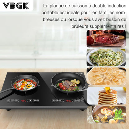 Plaque Induction 2 Feux, Plaque De Cuisson Electrique 220V 3600W, Plaque Vitrocéramique 2 Feux, Capteur LED Tactile, Tables De Cuisson, Verrouillage Enfant, Minuterie, Plaque À Induction Portable