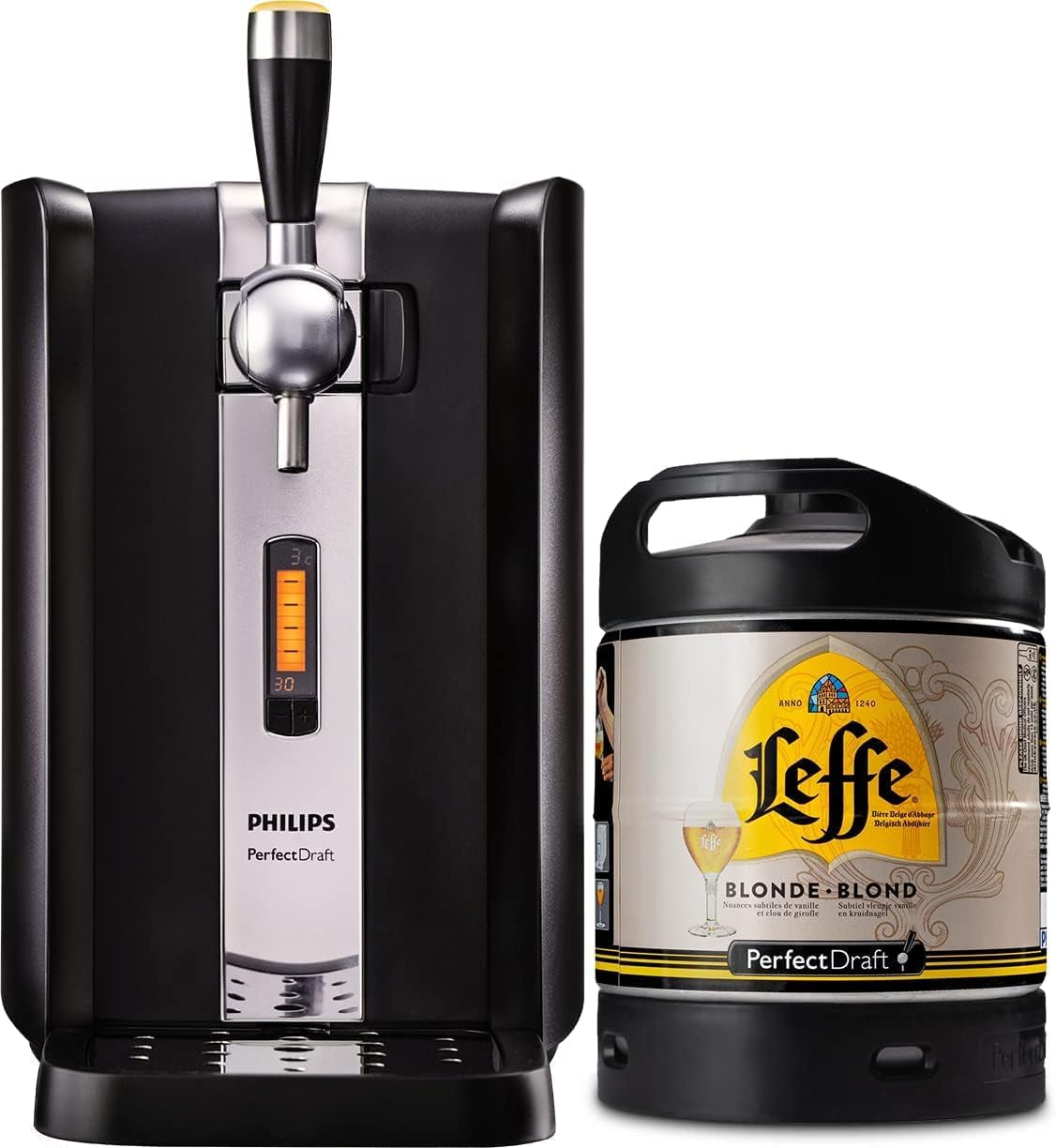 – Pack Tireuse À Bière + 1 Fût Leffe Blonde 6L – Machine Pression À Domicile – Refroidissement À 3°C – 30 Jours Fraîcheur – Écran LED Température – Idée Cadeau Amateur Bière