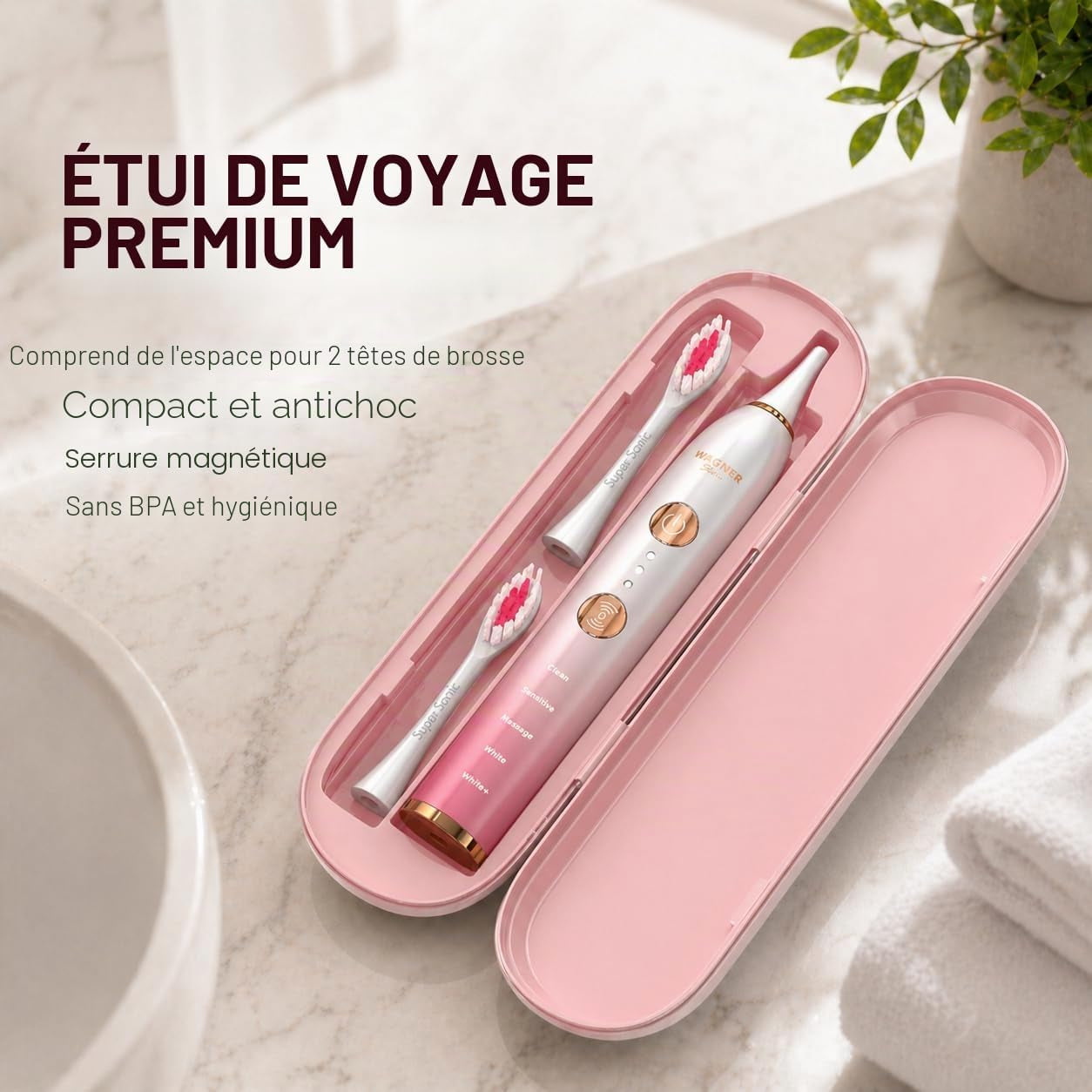 WHITEN+ – Brosse À Dents Électrique Avec Capteur De Pression, 5 Modes, 3 Intensités, 8 Têtes Souples, Moteur Puissant, Étui De Voyage Luxe Inclus (Pivoine)