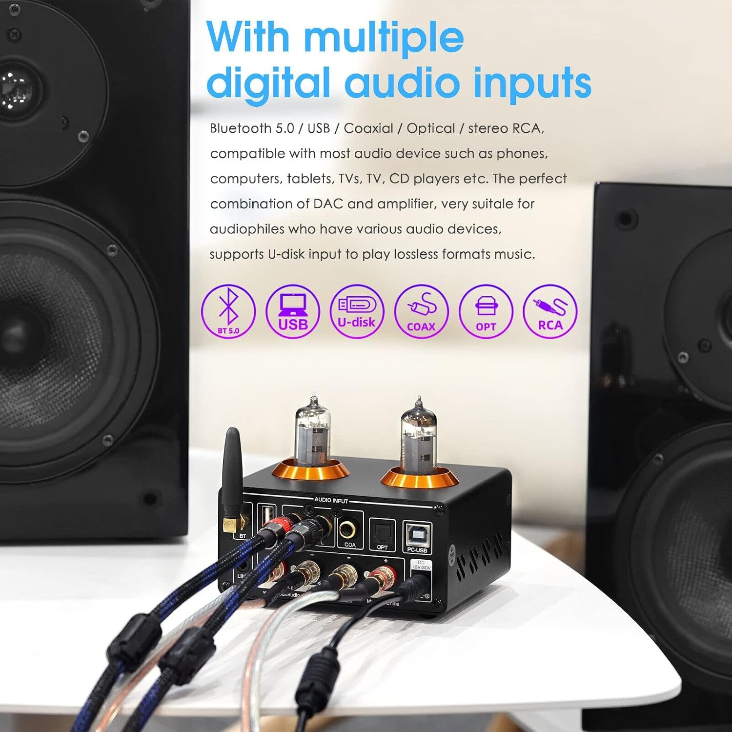 [Version Mise À Jour] ST-01 Pro 200W Amplificateur Hi-Fi Mini Récepteur Audio Bluetooth 5.0 Amplificateur À Tubes Numérique Avec Vu-Mètre, USB DAC Coax/Opt
