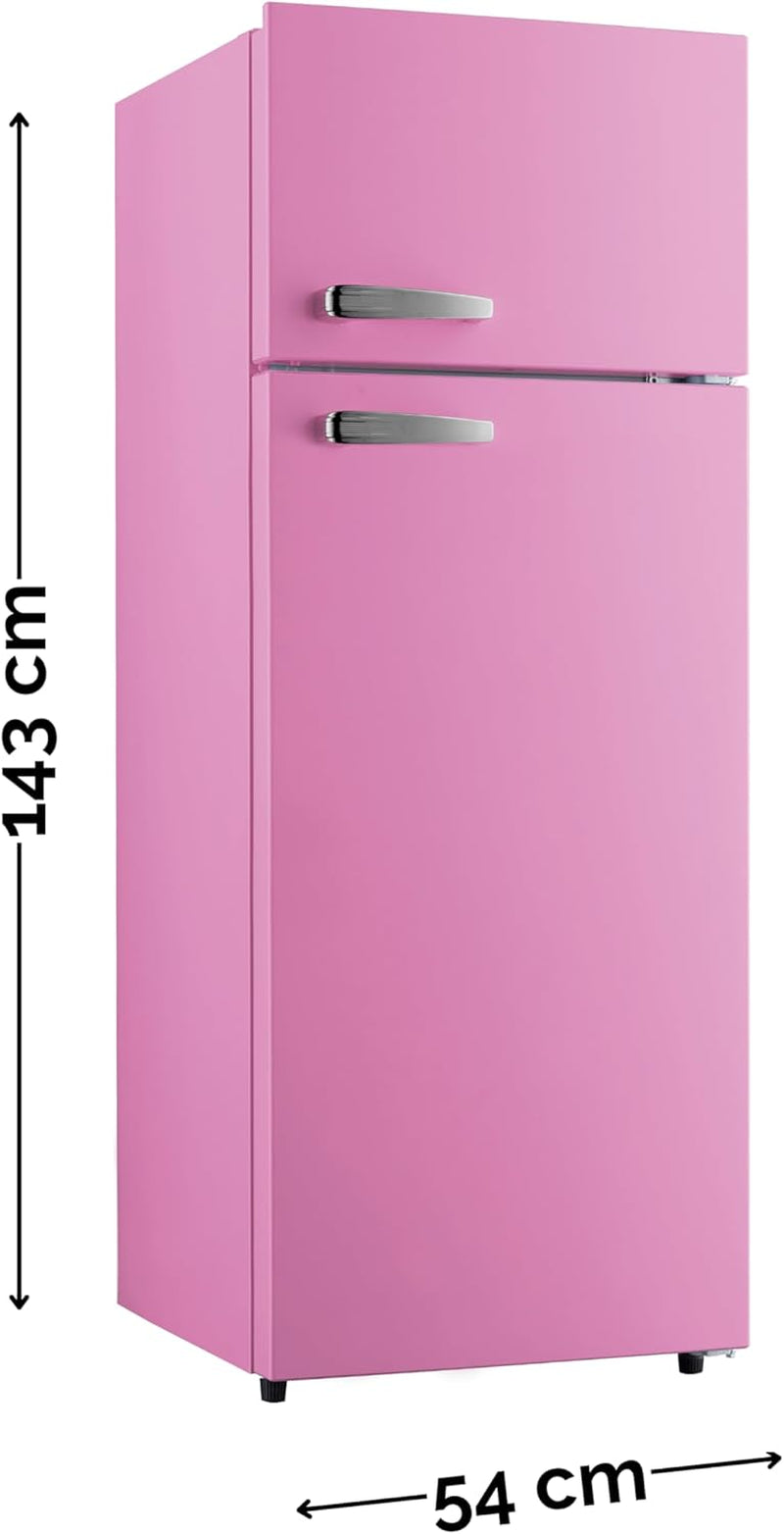 PKM GK210-2 SP Stand Retro Kühl-Gefriekombination, 54 Cm Breit, 206 L, Regelbares Thermostat, LED Beleuchtung, Pink