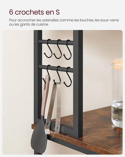 Étagère De Cuisine, Étagère Pour Machine À Café, 6 Étagères Et 6 Crochets, Pour Four À Micro-Ondes, Cadre En Acier, Style Industriel, 40 X 80 X 167 Cm, Marron Rustique Et Noir KKS019B01