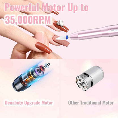 Ponceuse Pour Ongles Sans Fil 35000 Tr/Min Lime a Ongle Electrique | Professionnelle 12 En 1 Ponceuse À Ongles Avec Écran LCD, Portable Kit De Manucure Et Pédicure 5 Vitesse Réglable Rose