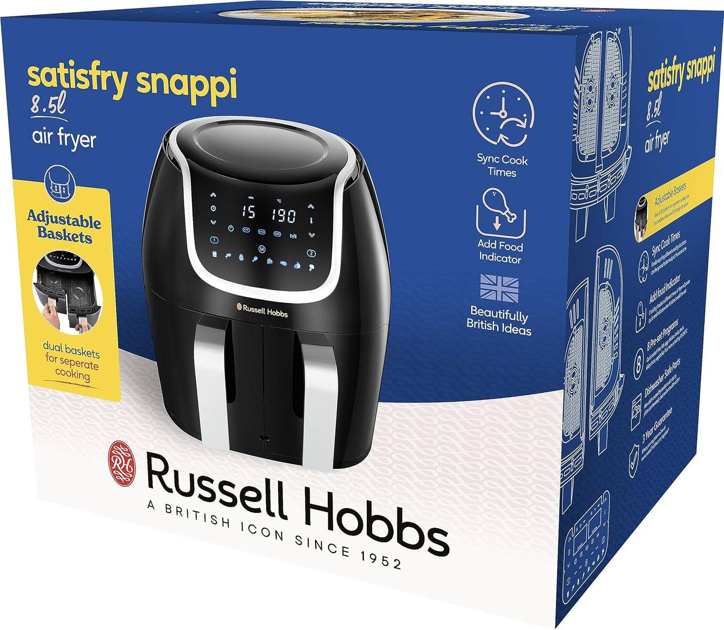 Air Fryer Double Tiroir [2 Paniers 4,25L Ou 8,5L Au Total ] Satisfry Snappi (8 En 1, Écran Tactile, Synchronisation Des Temps De Cuisson, Ajouts D'Aliments) Friteuse Sans Huile 27290-56