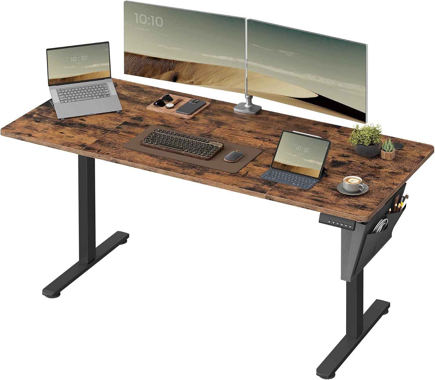 Bureau Électrique Réglable En Hauteur, 160 X 70 Cm, Table Assis-Debout, Fonction Mémoire 4 Hauteurs, Pour Bureau, Télétravail, Marron Rustique Et Noir D'Encre LSD136K01