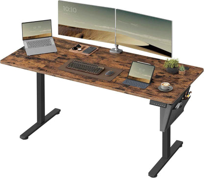 Bureau Électrique Réglable En Hauteur, 160 X 70 Cm, Table Assis-Debout, Fonction Mémoire 4 Hauteurs, Pour Bureau, Télétravail, Marron Rustique Et Noir D'Encre LSD136K01