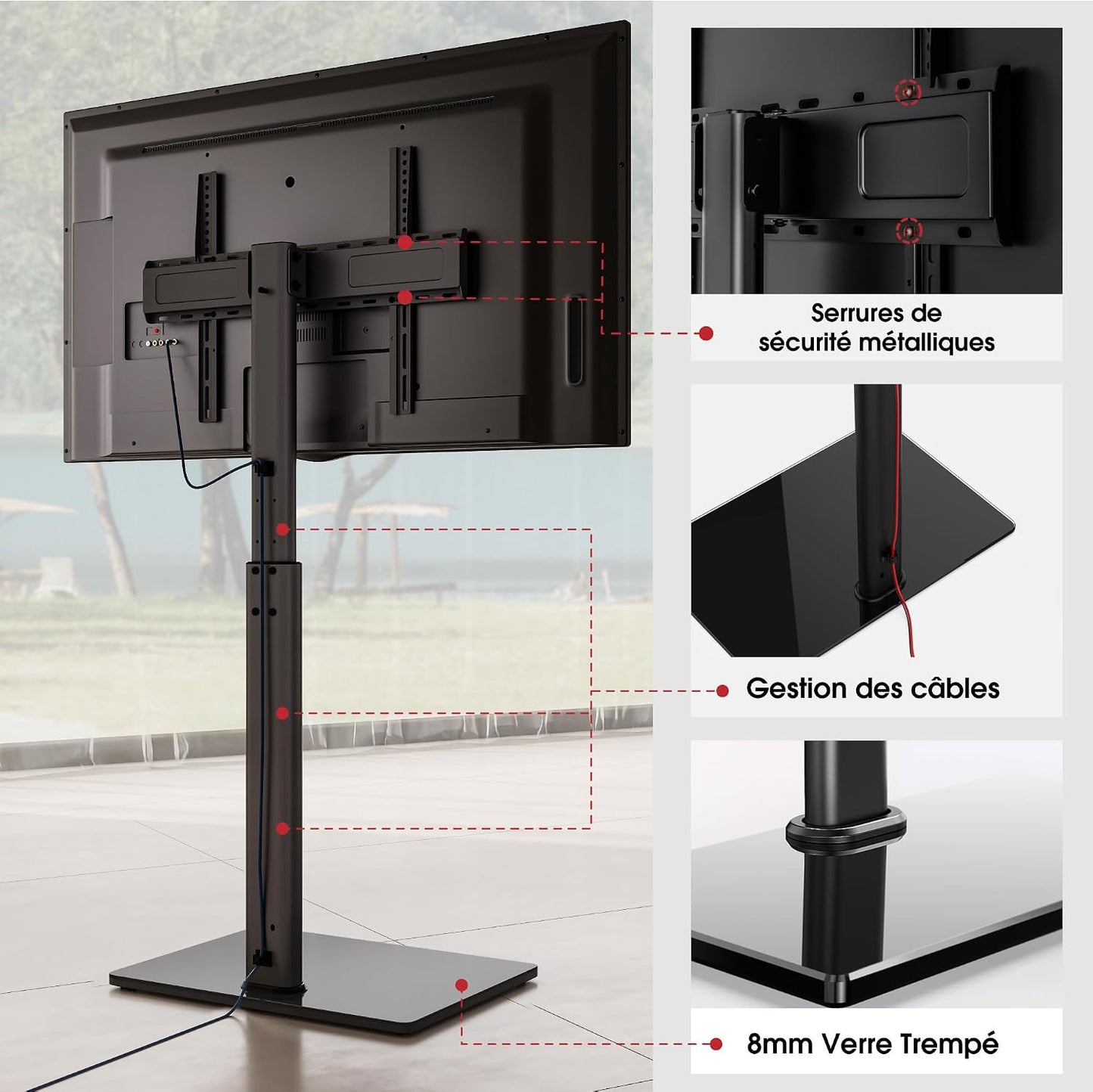 Support TV Sur Pied plus Haut 1,6M Pour 43-85 Pouces,Pied Pour TV Pivotant 50° Inclinable 12° Hauteur Réglable Max VESA 600X400Mm Max Capacité 50 KG (Noir)