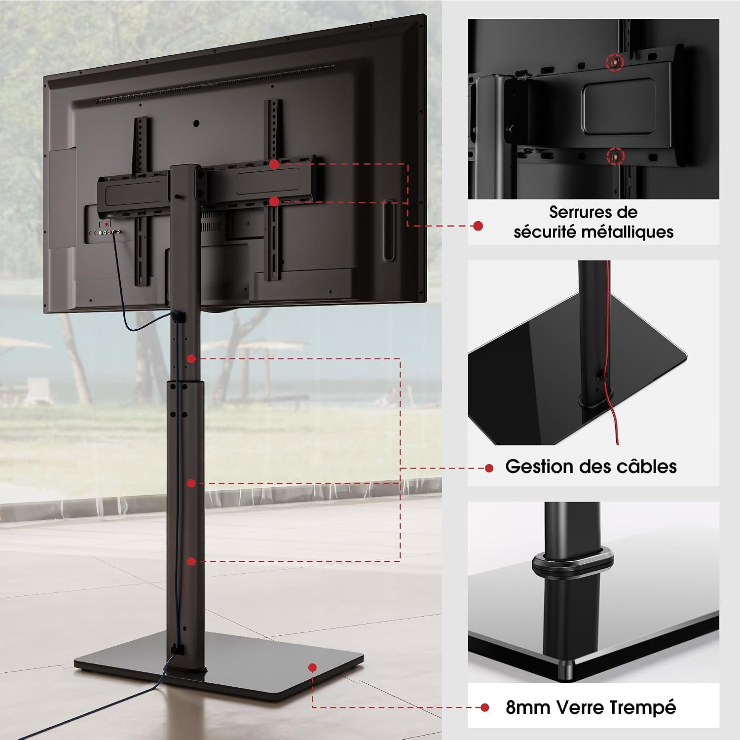 Support TV Sur Pied plus Haut 1,6M Pour 43-85 Pouces,Pied Pour TV Pivotant 50° Inclinable 12° Hauteur Réglable Max VESA 600X400Mm Max Capacité 50 KG (Noir)