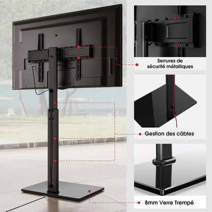 Support TV Sur Pied plus Haut 1,6M Pour 43-85 Pouces,Pied Pour TV Pivotant 50° Inclinable 12° Hauteur Réglable Max VESA 600X400Mm Max Capacité 50 KG (Noir)