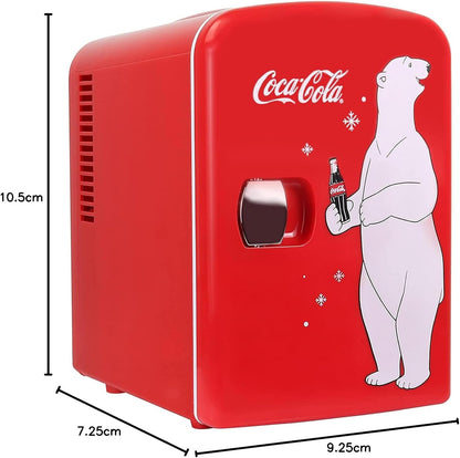 Coca Cola Mini Fridge Polar Bear 4 Liter/6 Can Portable Fridge/Mini Cooler for Food, Beverages, Skincare -Use at Home, Office, Dorm, Car, Boat-Ac & DC Plugs Included, Red [Energy Class A]