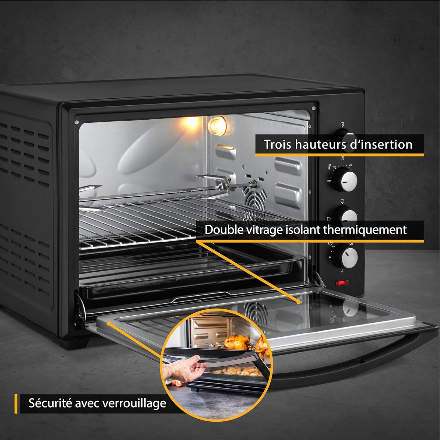 TZS First Austria Mini Four Electrique 45L, Four À Convection 2000W, Réglage De La Température 100-230°, Grille Et Plaque De Four, Double Vitrage, Rôtissoire, Four Electrique Chaleur Tournante, Noir