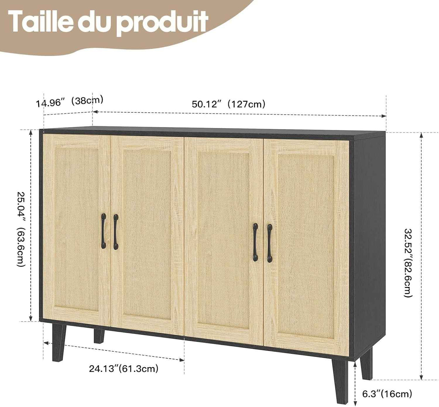 Meuble De Rangement En Rotin Et MDF, Buffets Haut Aspect Avec 4 Portes Sur Salon, Chambre, 127 X 38 X 83 Cm (Noir Et Bois), MEFRSB58