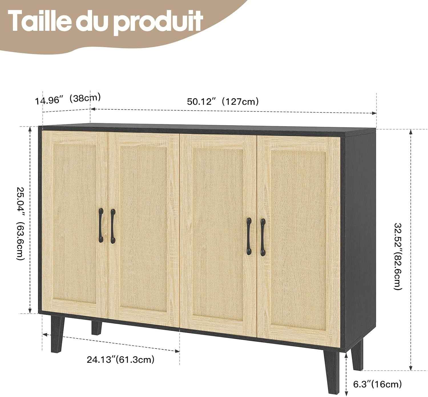 Meuble De Rangement En Rotin Et MDF, Buffets Haut Aspect Avec 4 Portes Sur Salon, Chambre, 127 X 38 X 83 Cm (Noir Et Bois), MEFRSB58
