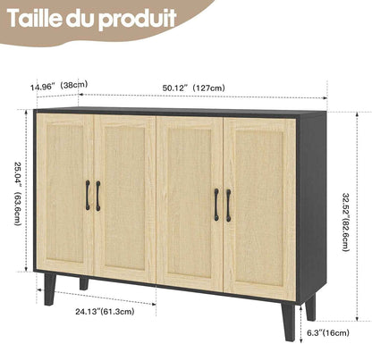 Meuble De Rangement En Rotin Et MDF, Buffets Haut Aspect Avec 4 Portes Sur Salon, Chambre, 127 X 38 X 83 Cm (Noir Et Bois), MEFRSB58